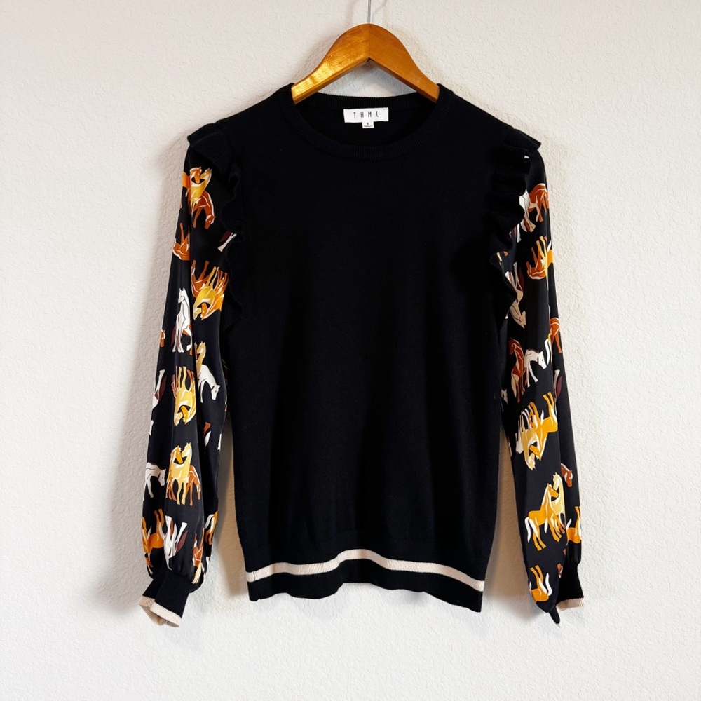 THML Black Ruffle Horse Print Sleeve Western Pullover Sweater Size Small
